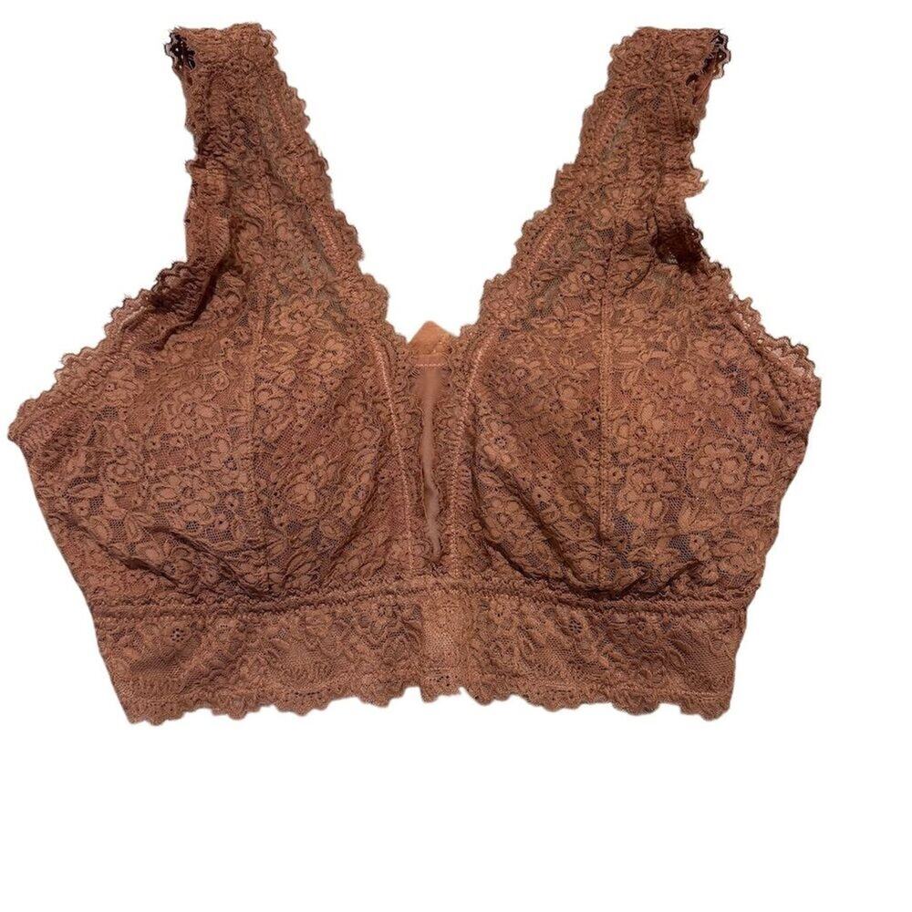 Aerie Eyelash Lace, Feminine Plunge Bralette Brown XL Wireless Padded Bra